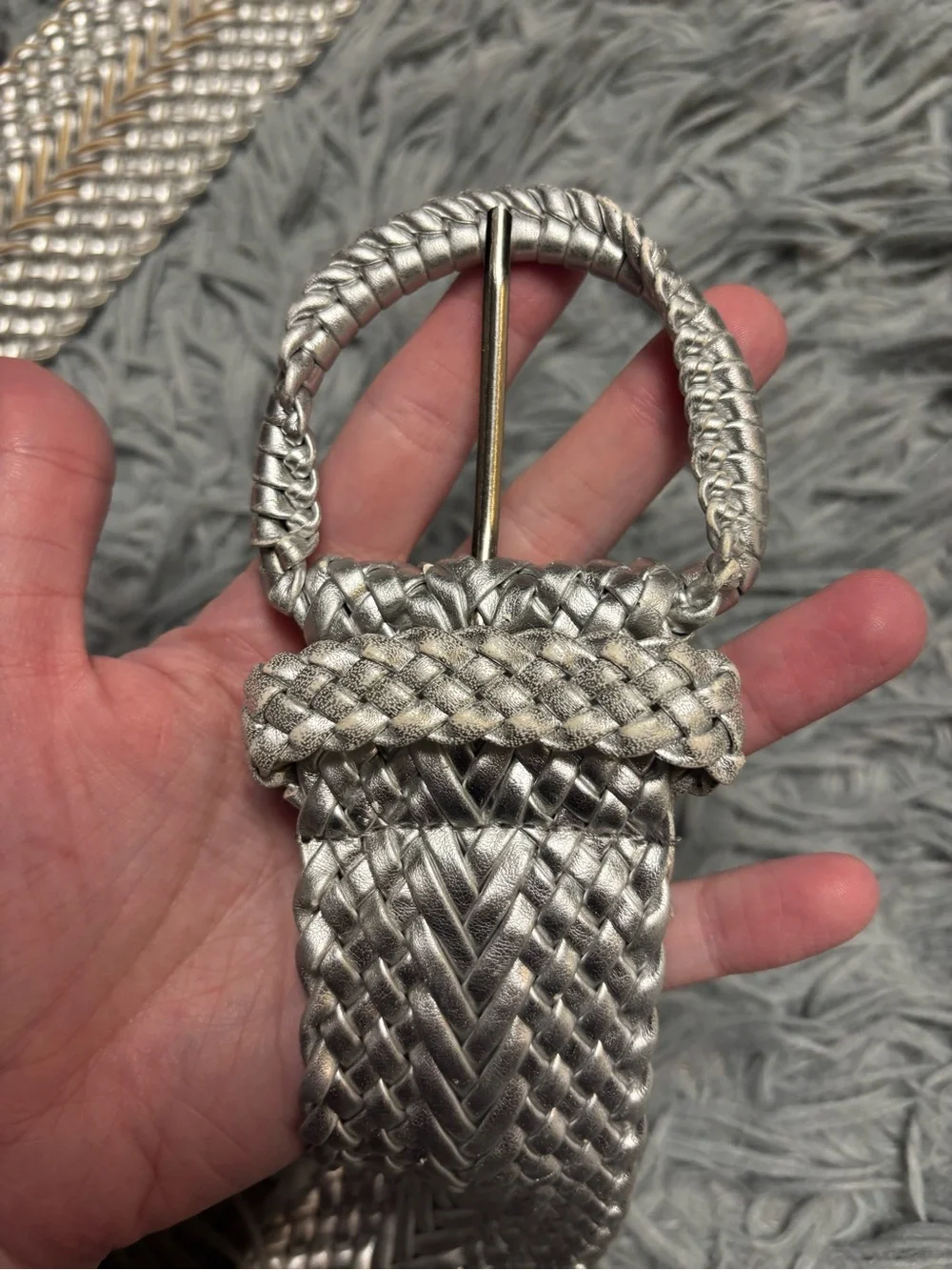 Y2K Braided Metallic Silver Waist Belt with Buckle